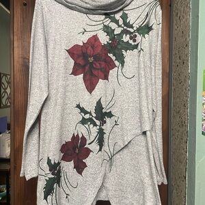 Indigo Soul Gray Poncho with Red and Green Design